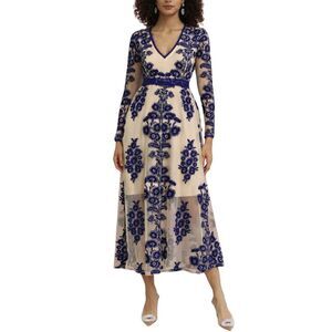 Chicwish Embroidered Lace Midi Dress Blue Floral Sheer Overlay Size Small Formal